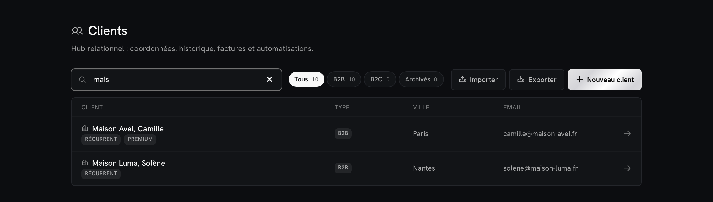 Recherche client KORE filtrée sur « mais » : Maison Avel et Maison Luma s'affichent